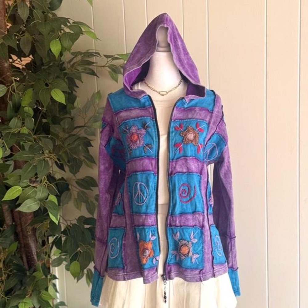 Patchwork 100% Cotton Hoodie Purple Jacket Hippie Signs Women's Size XL
